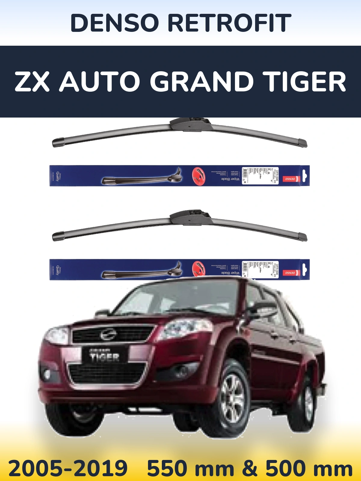 Sada předních stěračů Denso Retrofit 550 a 500 mm pro ZX Auto Grand Tiger 2005-2019