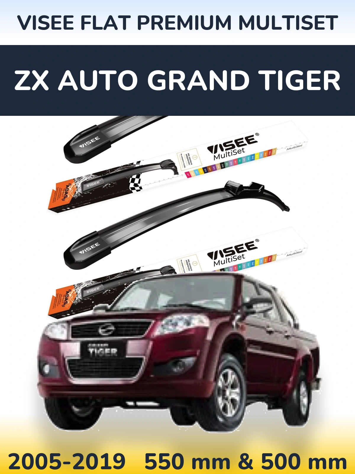 Sada předních stěračů VISEE FLAT PREMIUM MultiSet 550 a 500 mm pro ZX Auto Grand Tiger 2005-2019