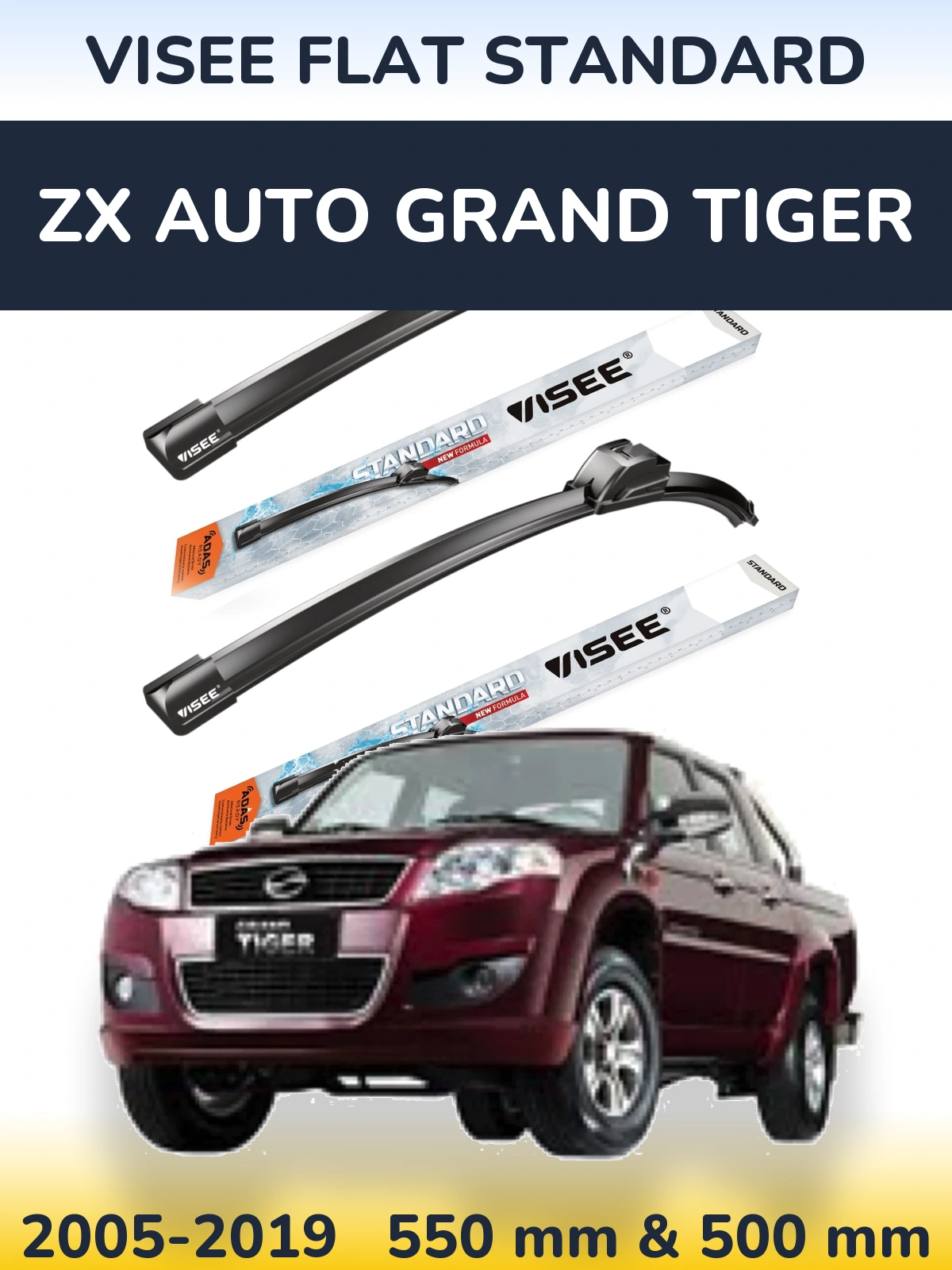 Sada předních stěračů VISEE FLAT STANDARD 550 a 500 mm pro ZX Auto Grand Tiger 2005-2019