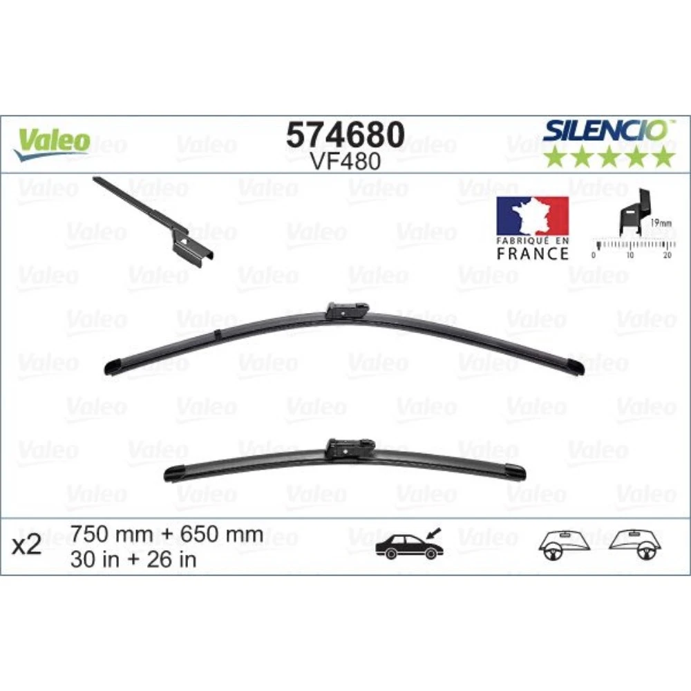 Sada předních stěračů Valeo Silencio Flat 750 a 650 mm pro Honda Civic 8 USA coupe 2006-2012