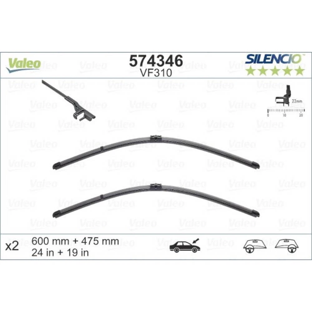 Sada předních stěračů Valeo Silencio Flat 600 a 475 mm pro Audi A3 Sportback 2003-2004